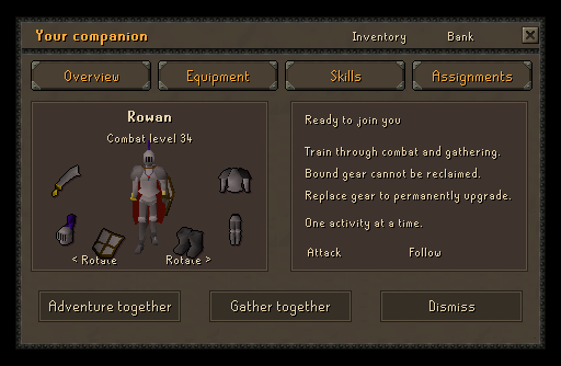 The companion interface showing a level 34 companion and its equipment